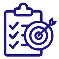 Icon of a clipboard with 3 items ticked off - overlayed in a target bullseye with an arrow in the middle. Icon in blue.