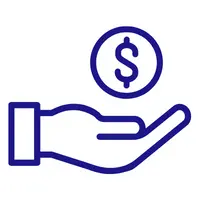 Icon of dollar coin hovering over a hand in blue.