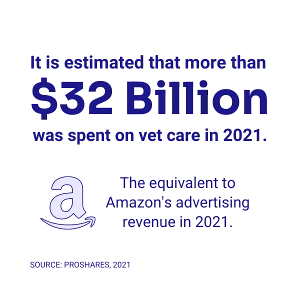 Infographic states that it is estimated that more than  billion was spent on vet care in 2021, which is the equivalent to Amazon's advertising revenue in 2021.