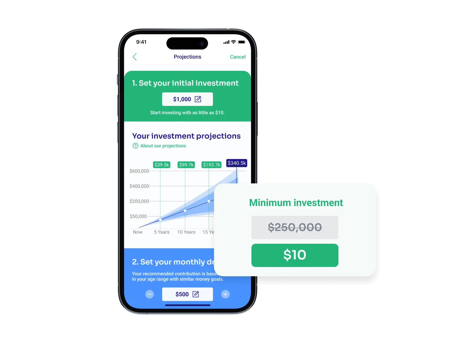 iPhone mockup illustrating the FLIT Invest app screen where you can set initial and monthly deposits. In the middle of the screen there is a chart that shows how your contributions are expected to grow over time by investing with FLIT Invest.