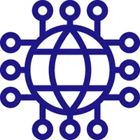 Icon in deep purple showing a globe with digital connections