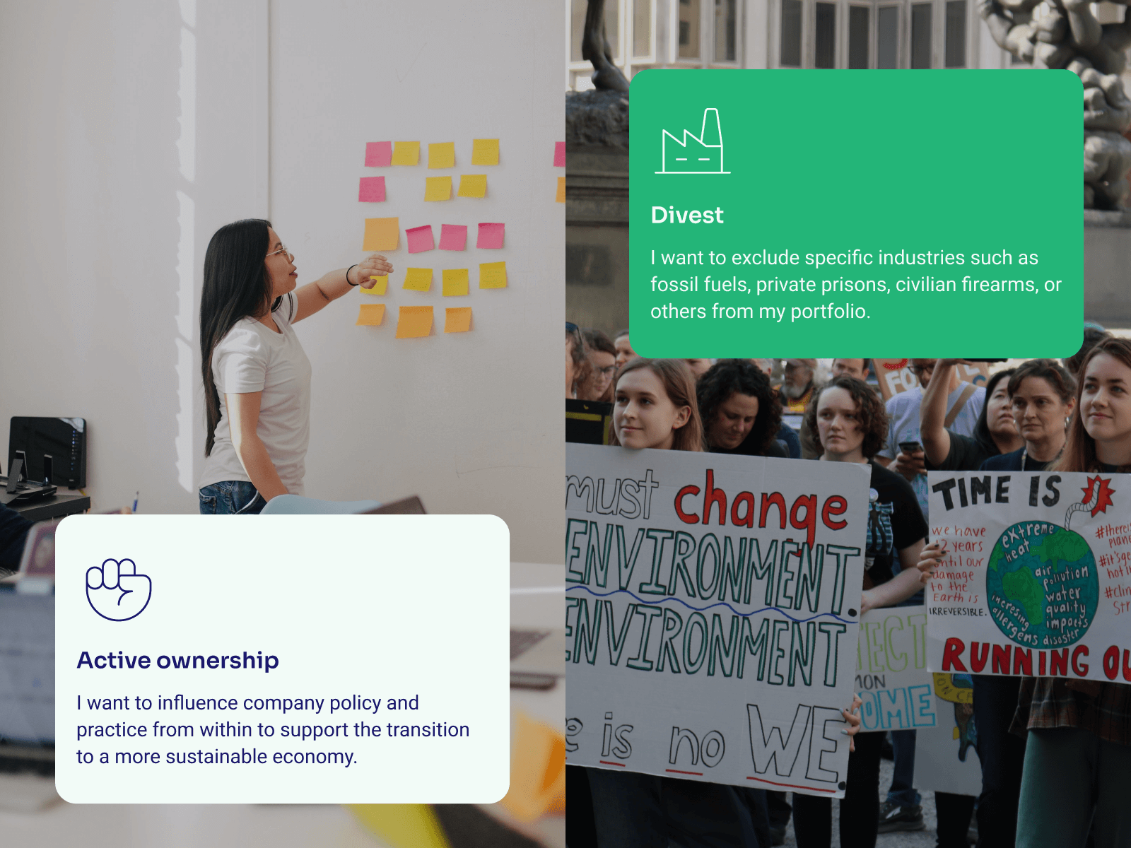A photo of a woman in front of a whiteboard covered in post it notes overlayed with a graphic defining active ownership. On the right, a photo of a climate march with people holding signs in the street, overlayed with a graphic defining divestment.