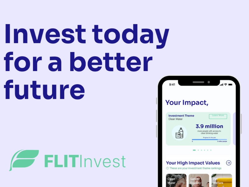 FLIT Invest - invest today for a better future. Slogan in deep purple text. iPhone mock up of the app displaying impact metrics on the right. FLIT Invest logo in green on the bottom left.