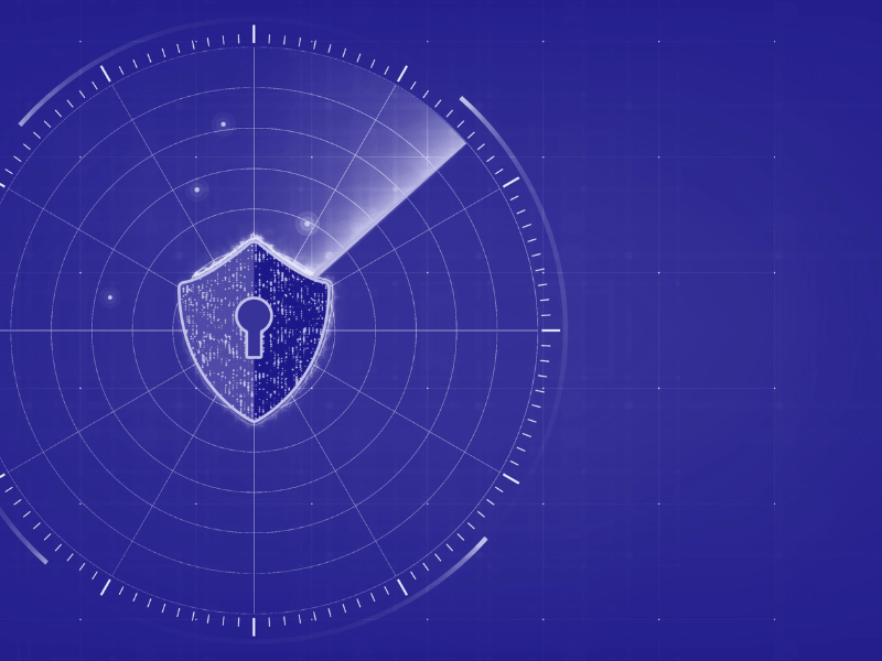 Shield symbol with a key hole on a deep blue background.