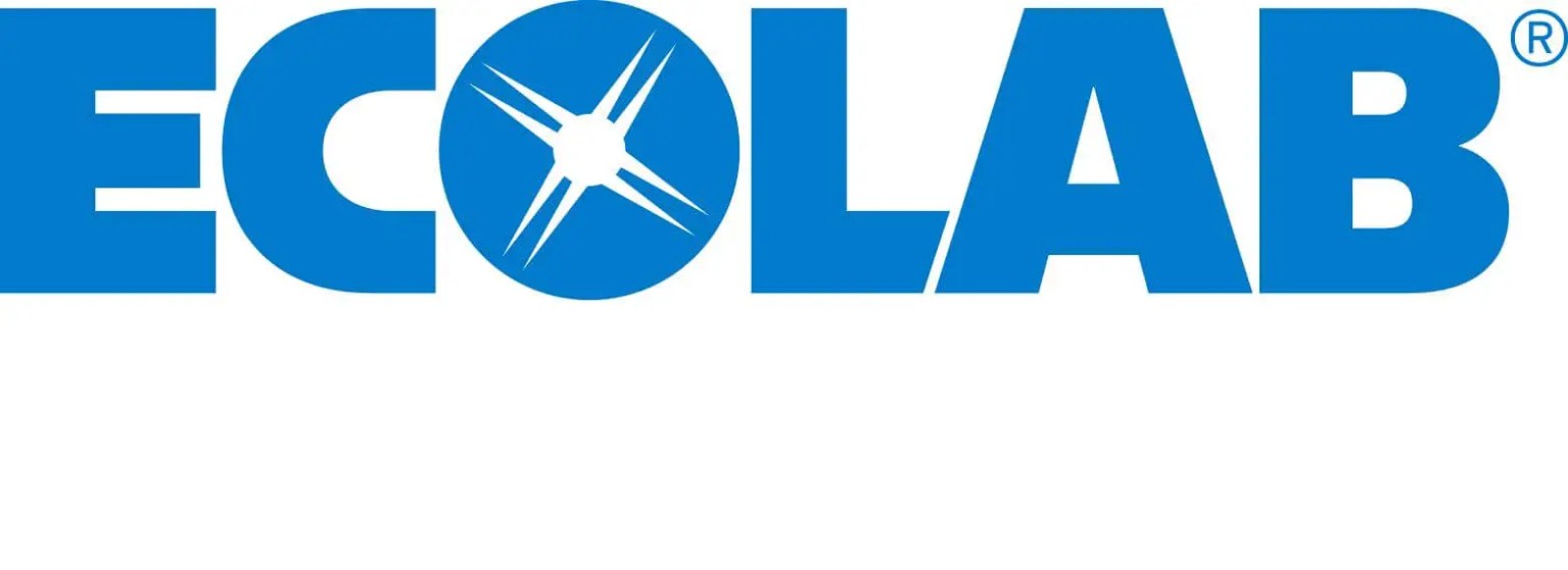 Blue text capitals reading "ECOLAB". In the "O" there is a white cross.